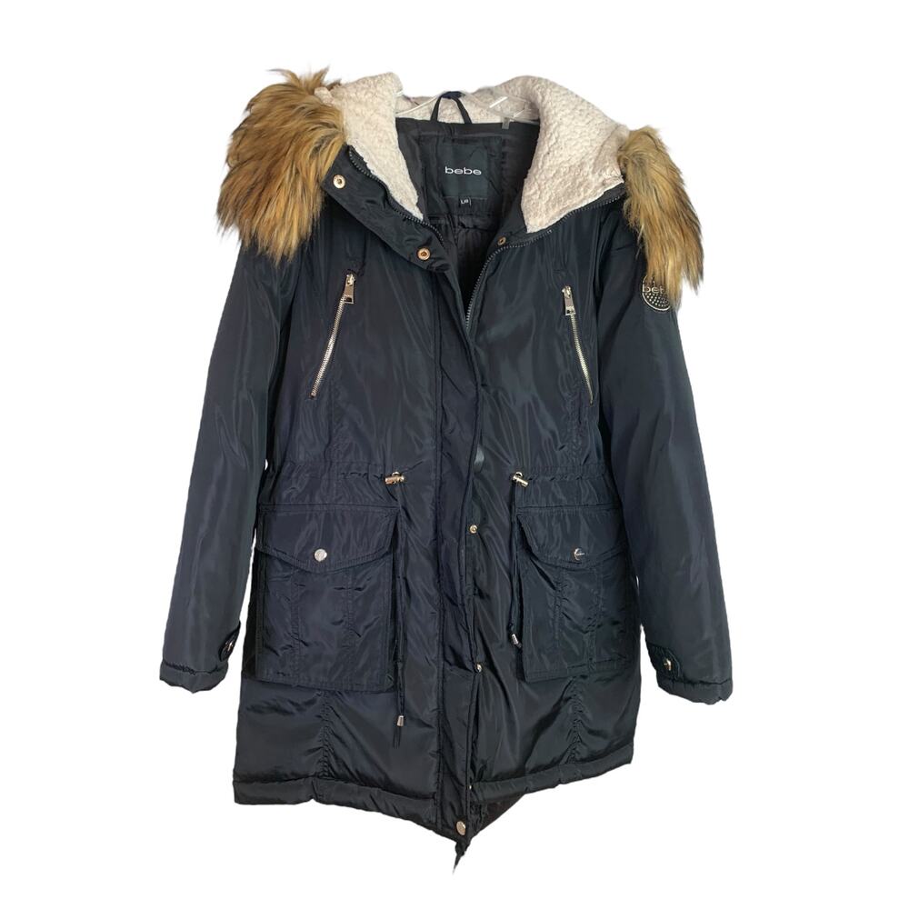 Bebe Coat Womens Sz L Black Faux Fur Hood‎ Full Zip Snap Outerwear puffer Jacket